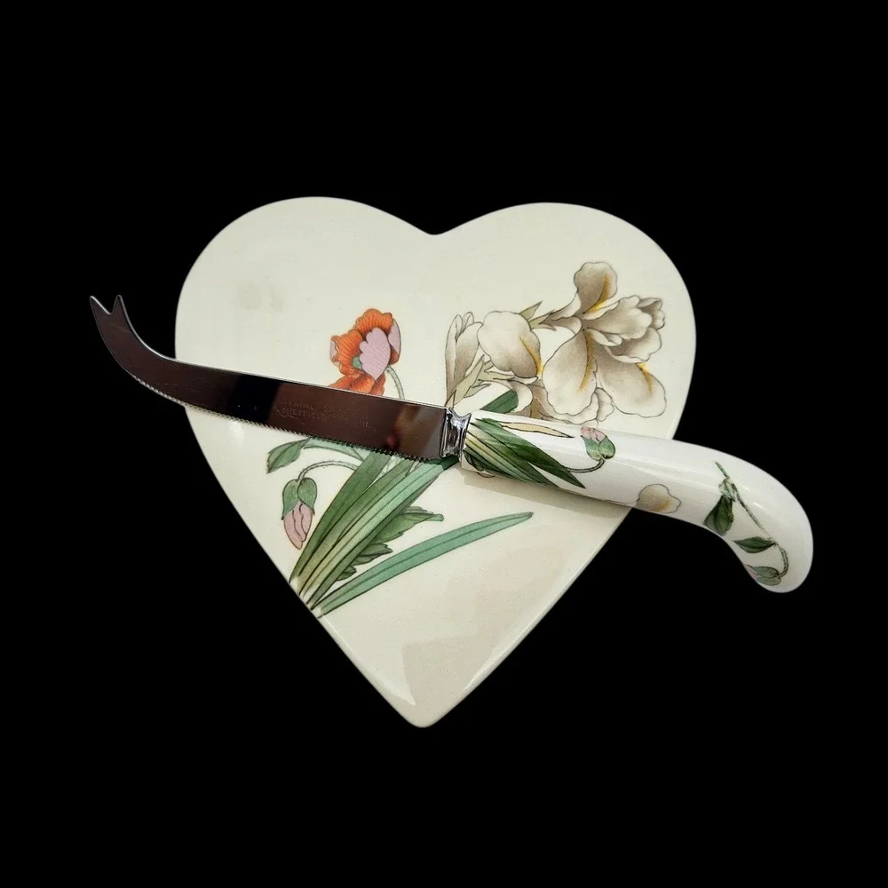 VTG Sheffield England Floral Porcelain Handle Cheese Knife & Plate Set RARE
